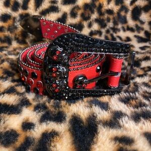 Red Studded Western Belt with Black Jeweled Buckle